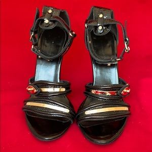 Balenciaga Black and Rose  Gold Patent Wedge